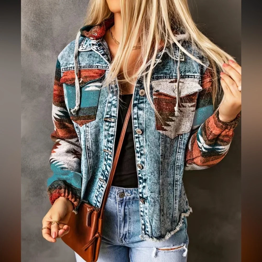 Boho Style Hooded Denim Jacket